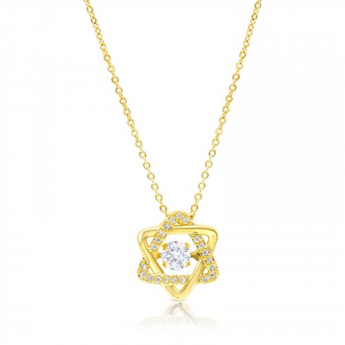 Stainless Steel Pendant Necklace, Yellow-Gold Plate - Star of David with Zircons