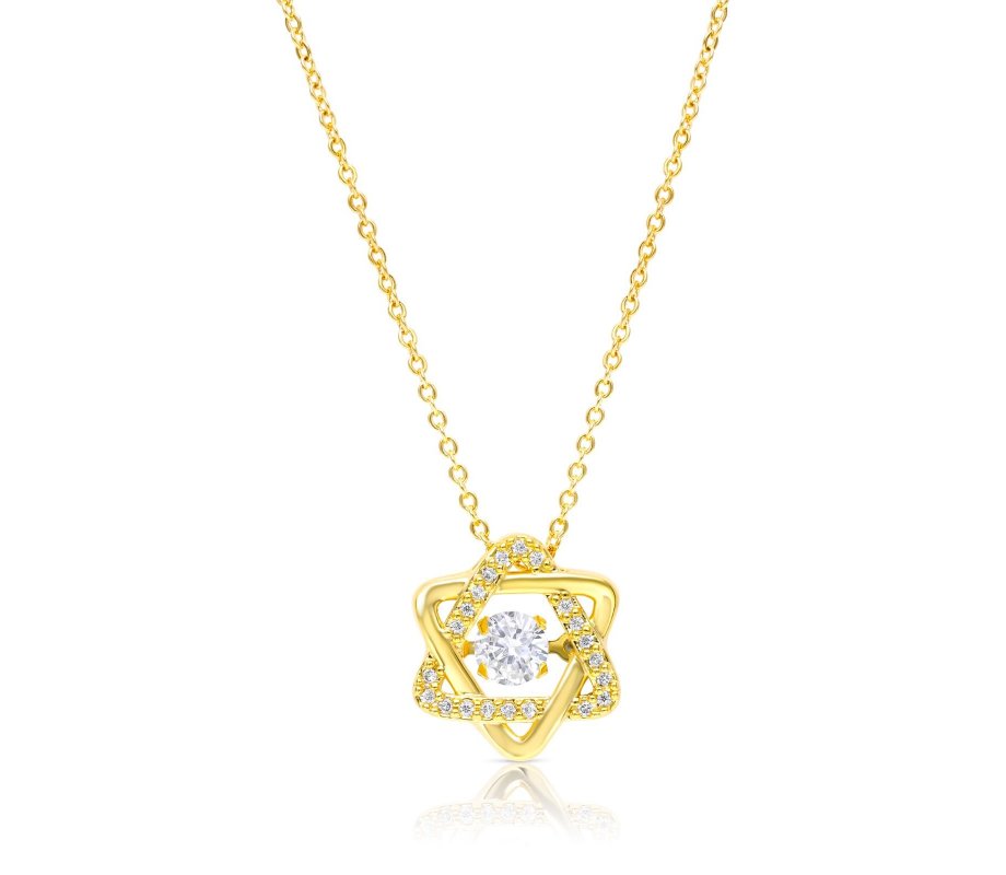 Stainless Steel Pendant Necklace, Yellow-Gold Plate - Star of David with Zircons