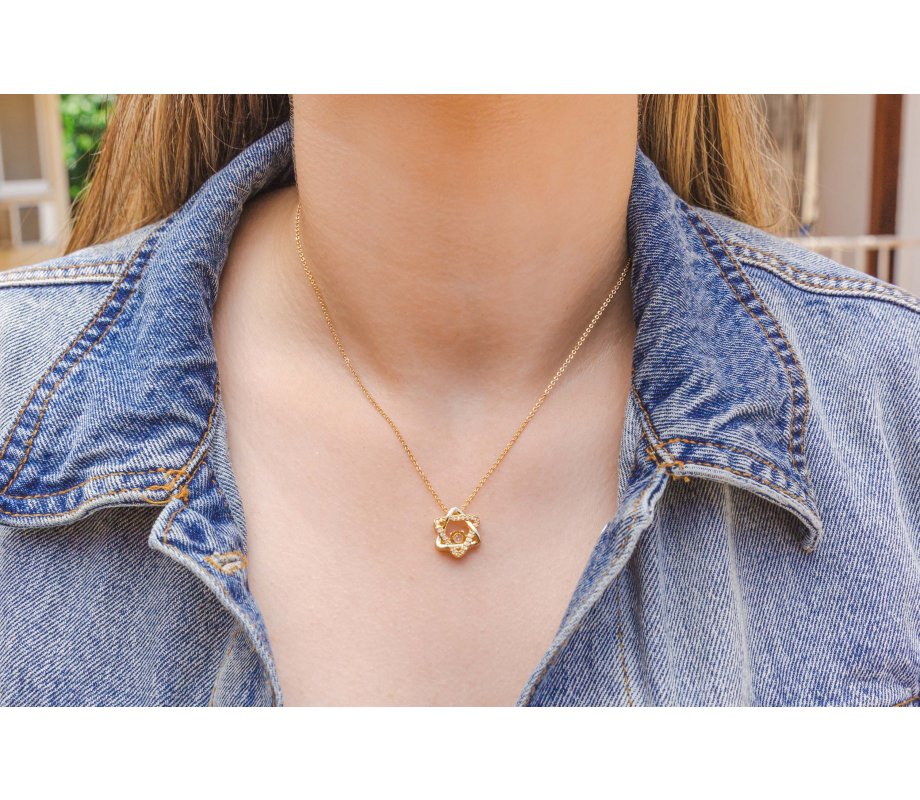 Stainless Steel Pendant Necklace, Yellow-Gold Plate - Star of David with Zircons