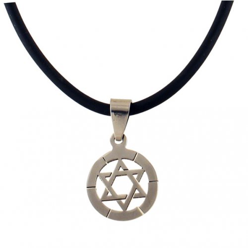 Stainless Steel Round Star of David on Rubber Cord
