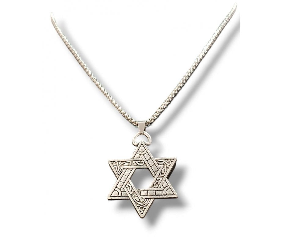 Star of David Necklace with wavy and Line Design, Large – Stainless Steel