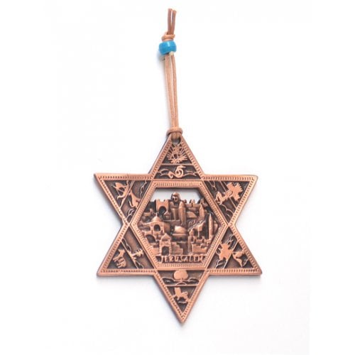 Star of David Wall Decoration with Twelve Tribes and Jerusalem Images - Copper