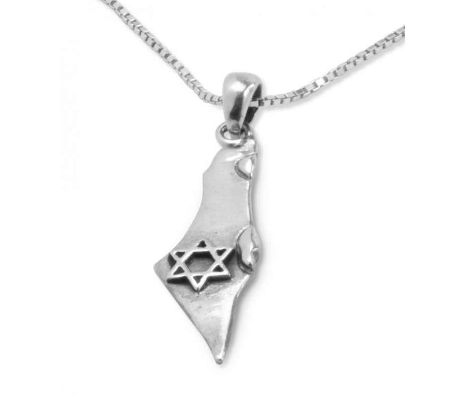 Star of David on Outline of Israel - 925 Sterling Silver Necklace Pendant