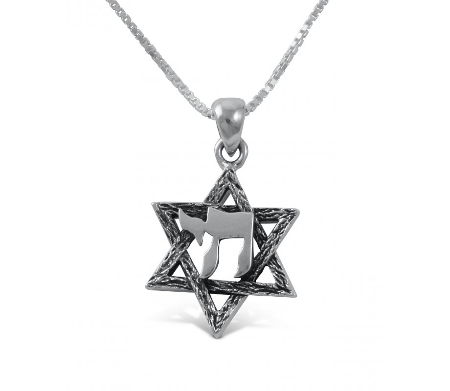 Star of David with Hebrew Chai, 925 Sterling Silver Pendant Necklace