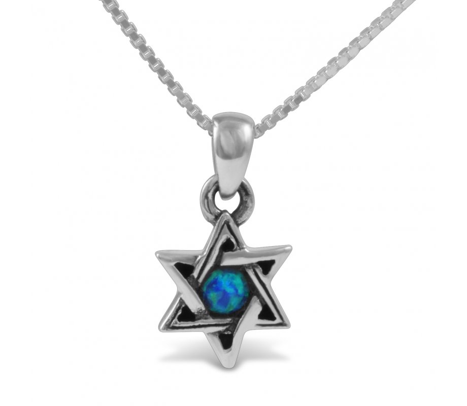 Star of David with Small Cultured Opal, 925 Sterling Silver Pendant Necklace