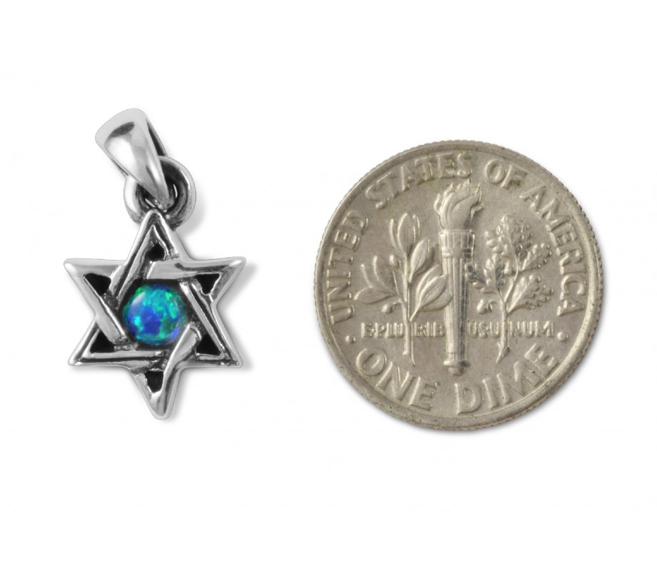 Star of David with Small Cultured Opal, 925 Sterling Silver Pendant Necklace