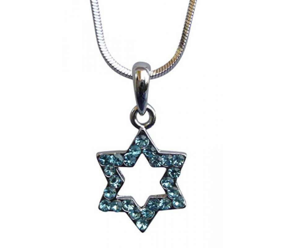 Star of David with light blue stones Rhodium Necklace