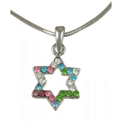 Star of David with multicolor stones Rhodium Necklace