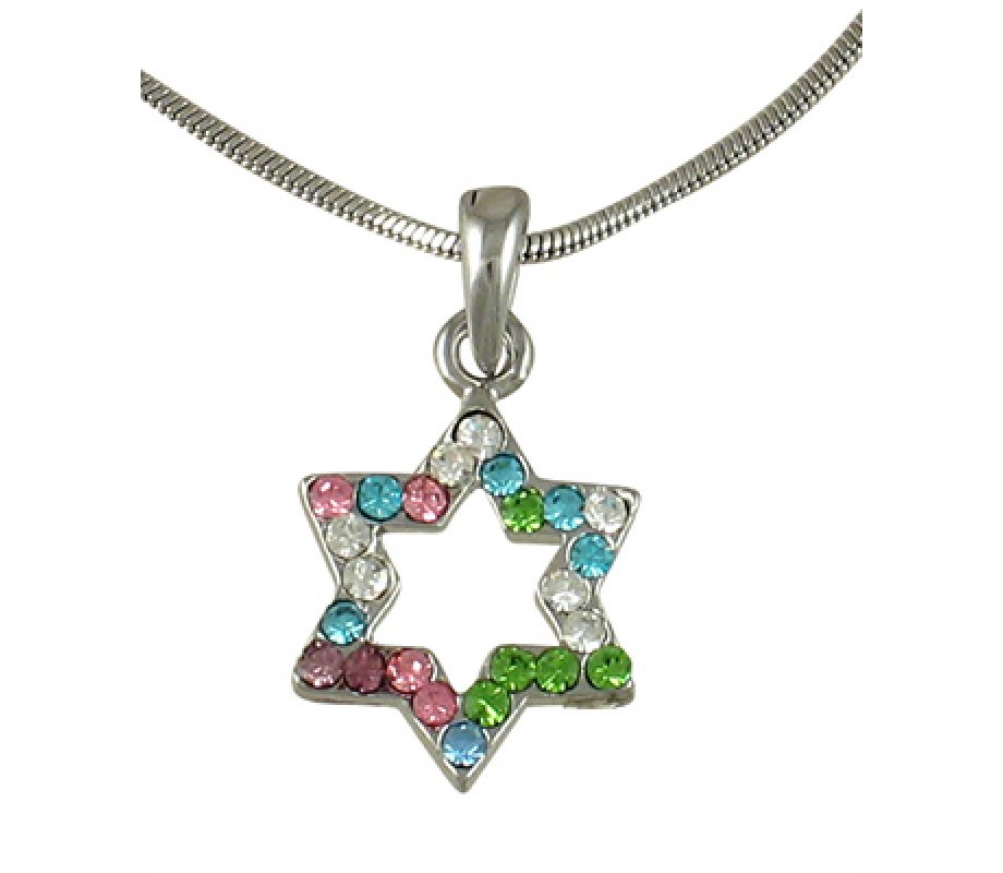 Star of David with multicolor stones Rhodium Necklace