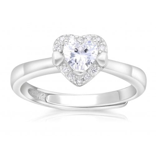 Sterling Silver Adjustable Ring - Heart Shaped Centerpiece Adorned with Zircons