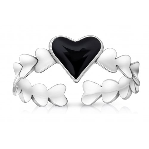 Sterling Silver Adjustable Ring of Hearts - Black Heart in Center