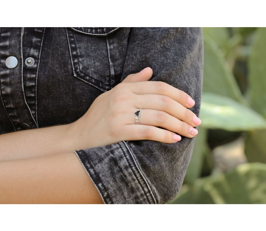 Sterling Silver Adjustable Ring of Hearts - Black Heart in Center