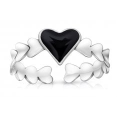 Sterling Silver Adjustable Ring with Hearts - Black Heart in Center