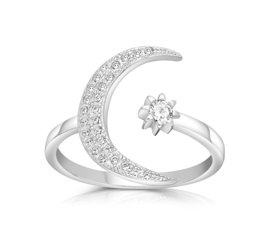 Sterling Silver Adjustable Ring with Zircons - Crescent Moon and Star