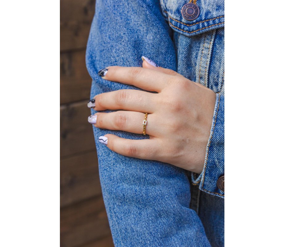 Sterling Silver Adjustable Ring with Zircons, Links Motif - Gold or Silver Choice