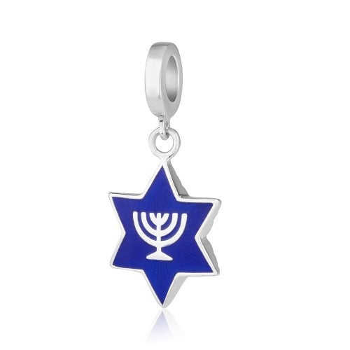 Sterling Silver Bracelet Charm - Blue Star of David with Menorah Image