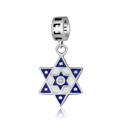 Sterling Silver Bracelet Charm - Star of David with Blue Enamel and Crystals