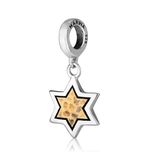 Sterling Silver Bracelet Charm - Star of David with Textured Gold Plate in Center