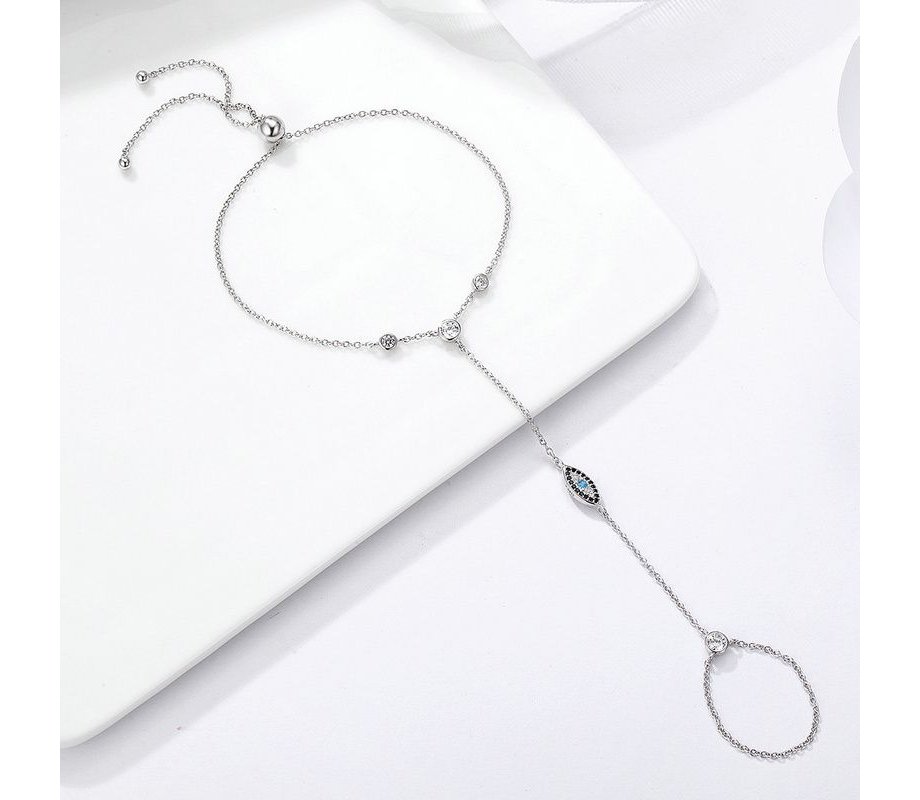 Sterling Silver Bracelet Ring - Evil Eye Decoration with Colorful Zircons