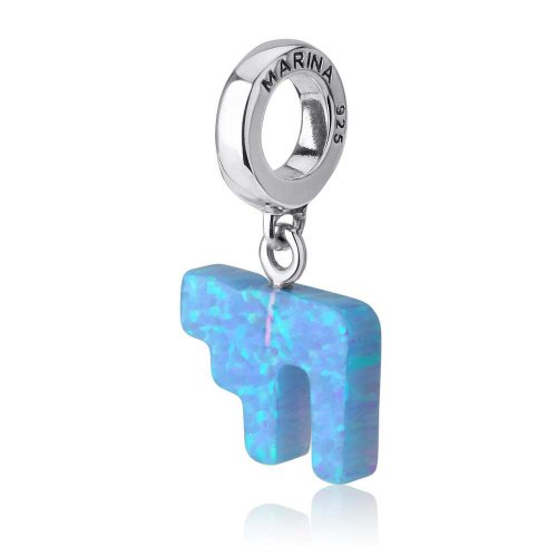 Sterling Silver Charm with Hanging Blue Opal - Chai Hebrew Letters