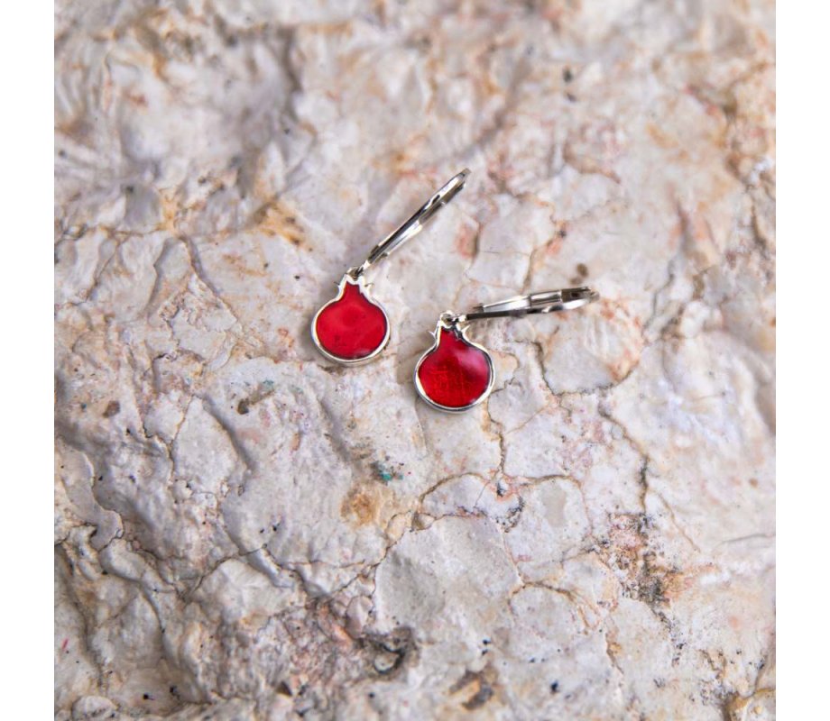 Sterling Silver Dangle Earrings - Red Pomegranates