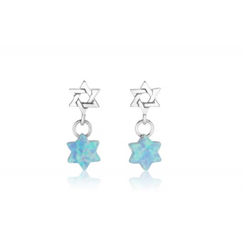 Sterling Silver Dangle Earrings - Star of David and Blue Opal Stone