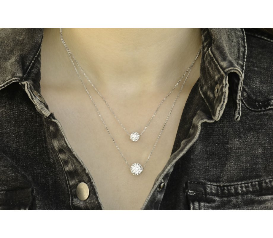 Sterling Silver Double Layered Necklace – Zircon Studded Beads Pendant