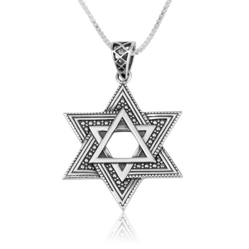 Sterling Silver Double Star of David Pendant Necklace – Beaded and Smooth Design