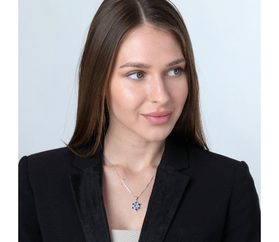 Sterling Silver Double Star of David Pendant Necklace - Blue Enamel and Crystals