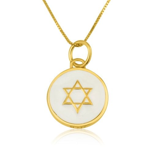 Sterling Silver Gold Plated Pendant Necklace  Gold Star of David on White Enamel