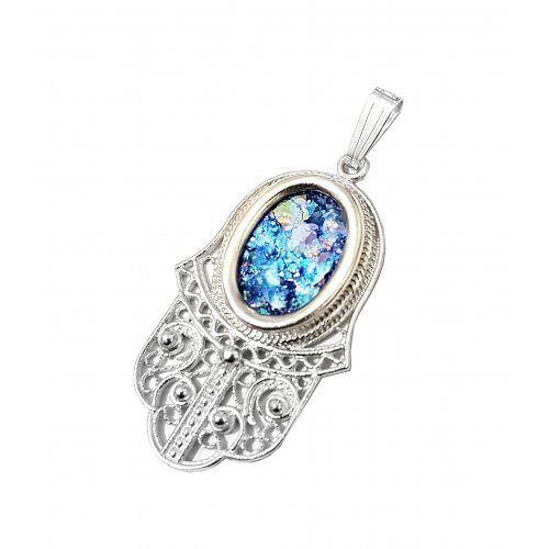 Sterling Silver Hamsa Pendant Necklace with Roman Glass and Scrolling Filigree