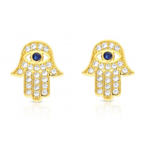 Sterling Silver Hamsa Stud Earrings with Blue and White Zircons - Option Gold