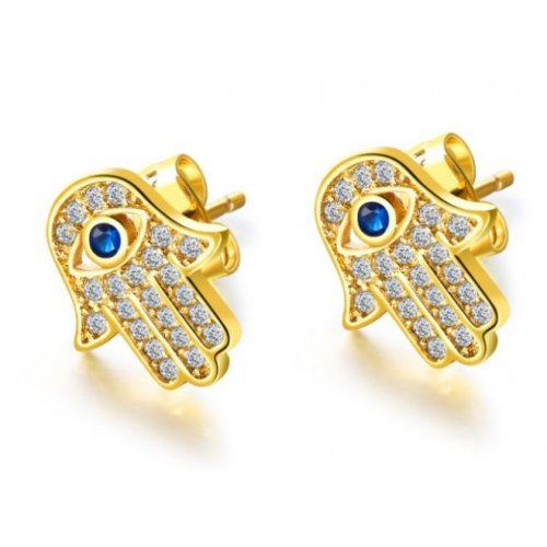 Sterling Silver Hamsa Stud Earrings with Blue and White Zircons - Option Gold