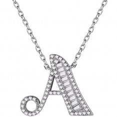 Sterling Silver Initial Letter Pendant Necklace with Glittering Zircons