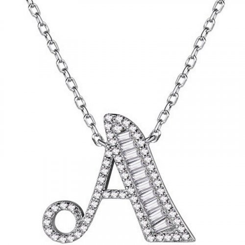 Sterling Silver Initial Letter Pendant Necklace with Glittering Zircons