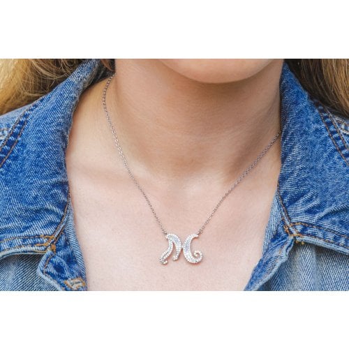 Sterling Silver Initial Letter Pendant Necklace with Glittering Zircons