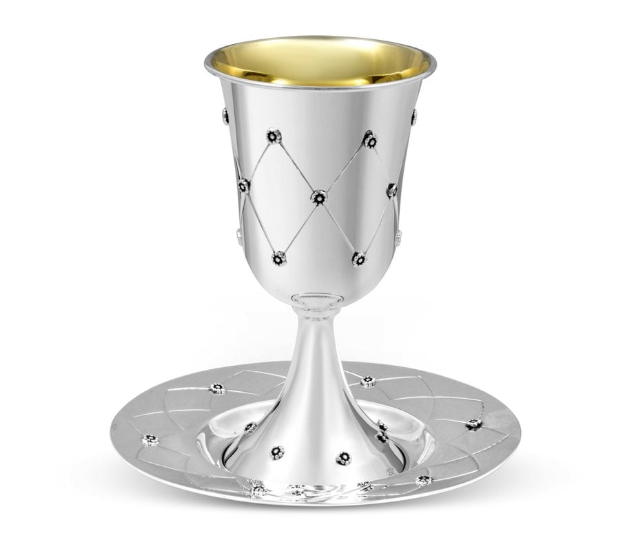 Sterling Silver Kiddush Goblet with Matching Plate - Diamond Flower Design