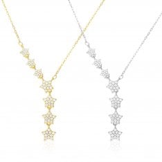 Sterling Silver Lariat Necklace, Zircon Studded Stars  Silver or Yellow Gold