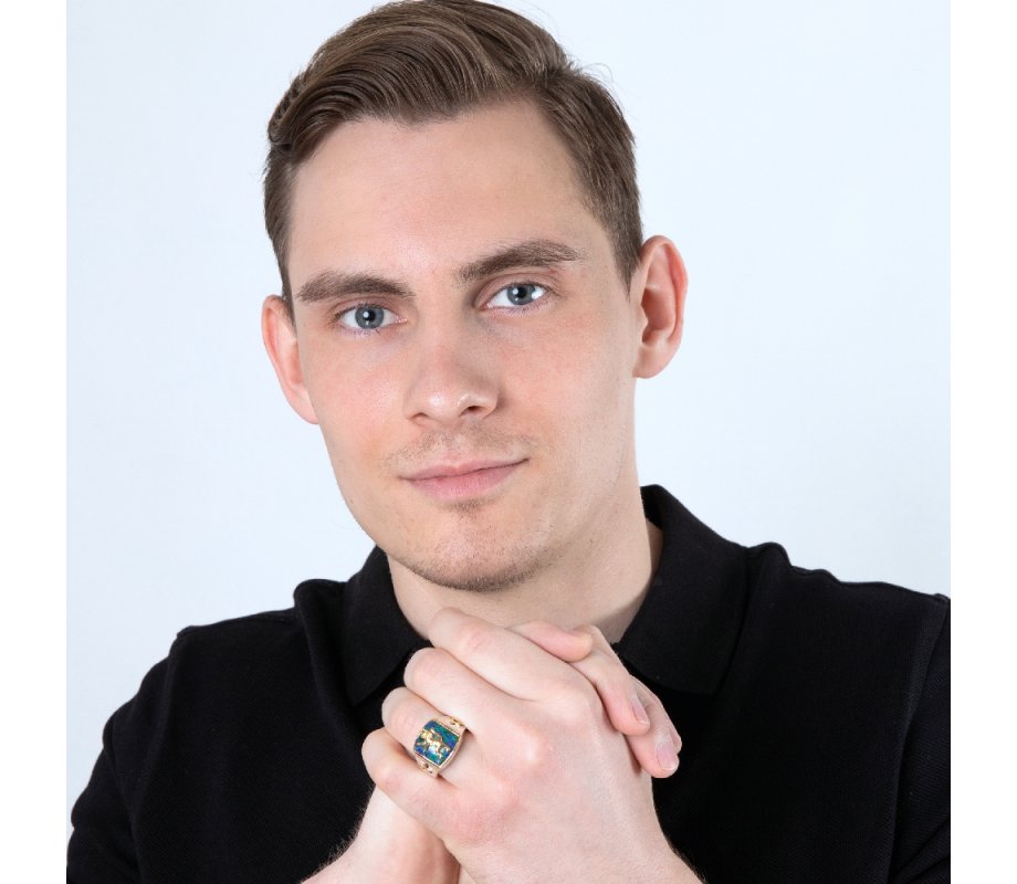 Sterling Silver Mans Ring with Eilat Stone Gold Plated Star of David and Lion