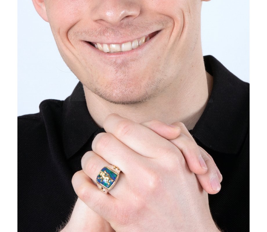 Sterling Silver Mans Ring with Eilat Stone Gold Plated Star of David and Lion