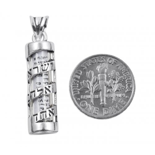 Sterling Silver Mezuzah Pendant Necklace with Spiral Shema Yisrael in Hebrew
