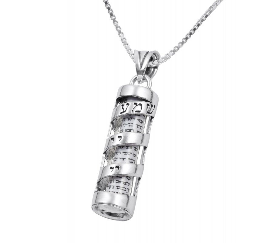 Sterling Silver Mezuzah Pendant Necklace with Spiral Shema Yisrael in Hebrew
