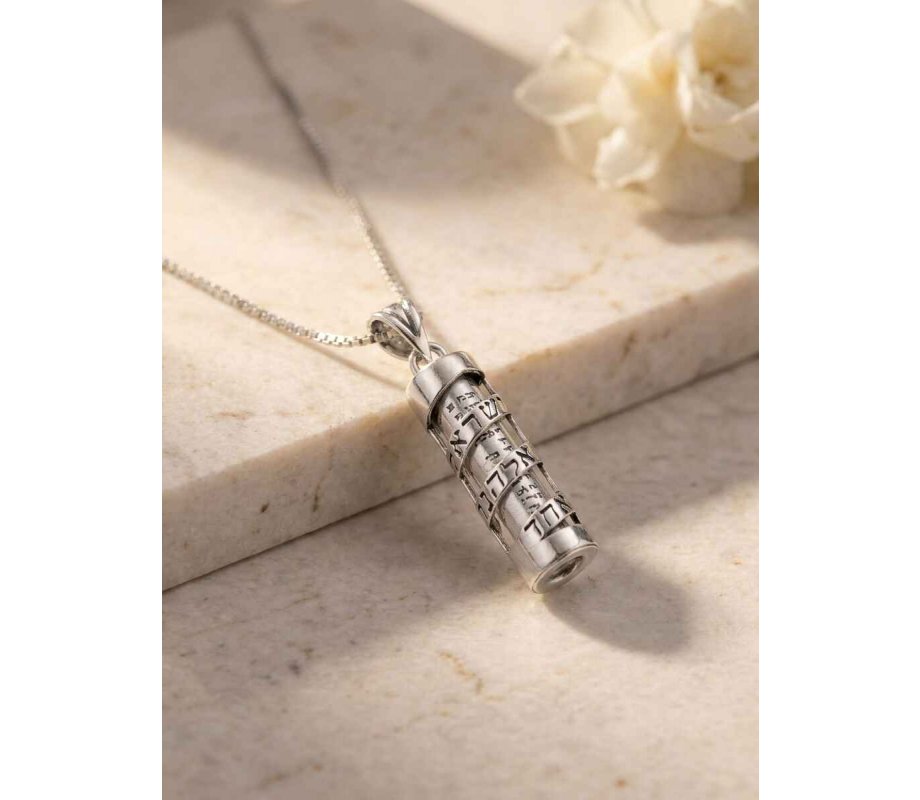 Sterling Silver Mezuzah Pendant Necklace with Spiral Shema Yisrael in Hebrew