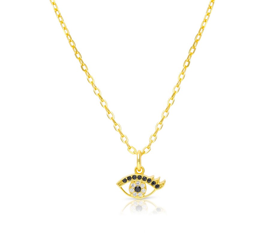 Sterling Silver Necklace Plated with Yellow Gold, Evil Eye Pendant - Zircons