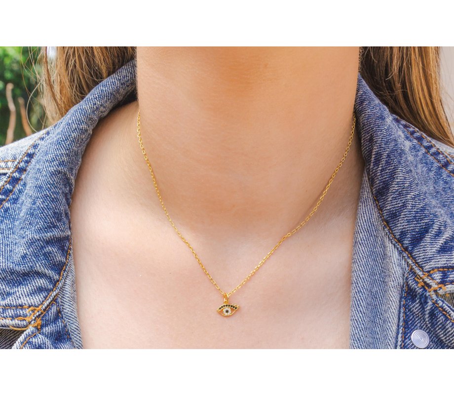 Sterling Silver Necklace Plated with Yellow Gold, Evil Eye Pendant - Zircons
