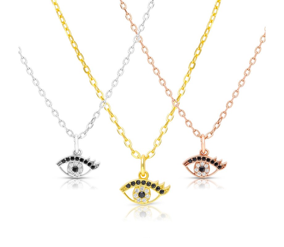 Sterling Silver Necklace Plated with Yellow Gold, Evil Eye Pendant - Zircons