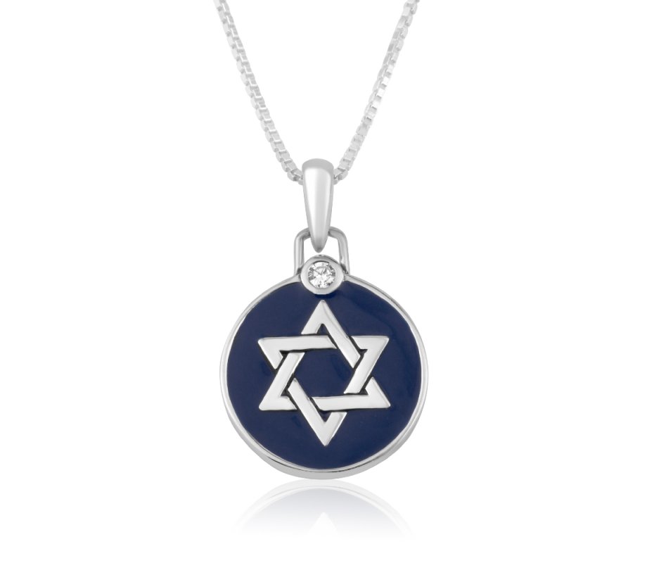 Sterling Silver Necklace, Round Pendant with Star of David on Blue Enamel