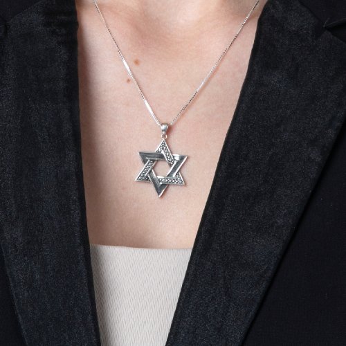 Sterling Silver Necklace, Star of David Pendant  Bead and Smooth Design