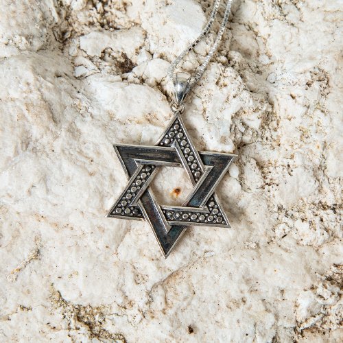 Sterling Silver Necklace, Star of David Pendant  Bead and Smooth Design