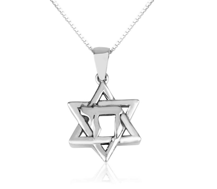 Sterling Silver Necklace, Star of David Pendant Enclosing CHAI Letters